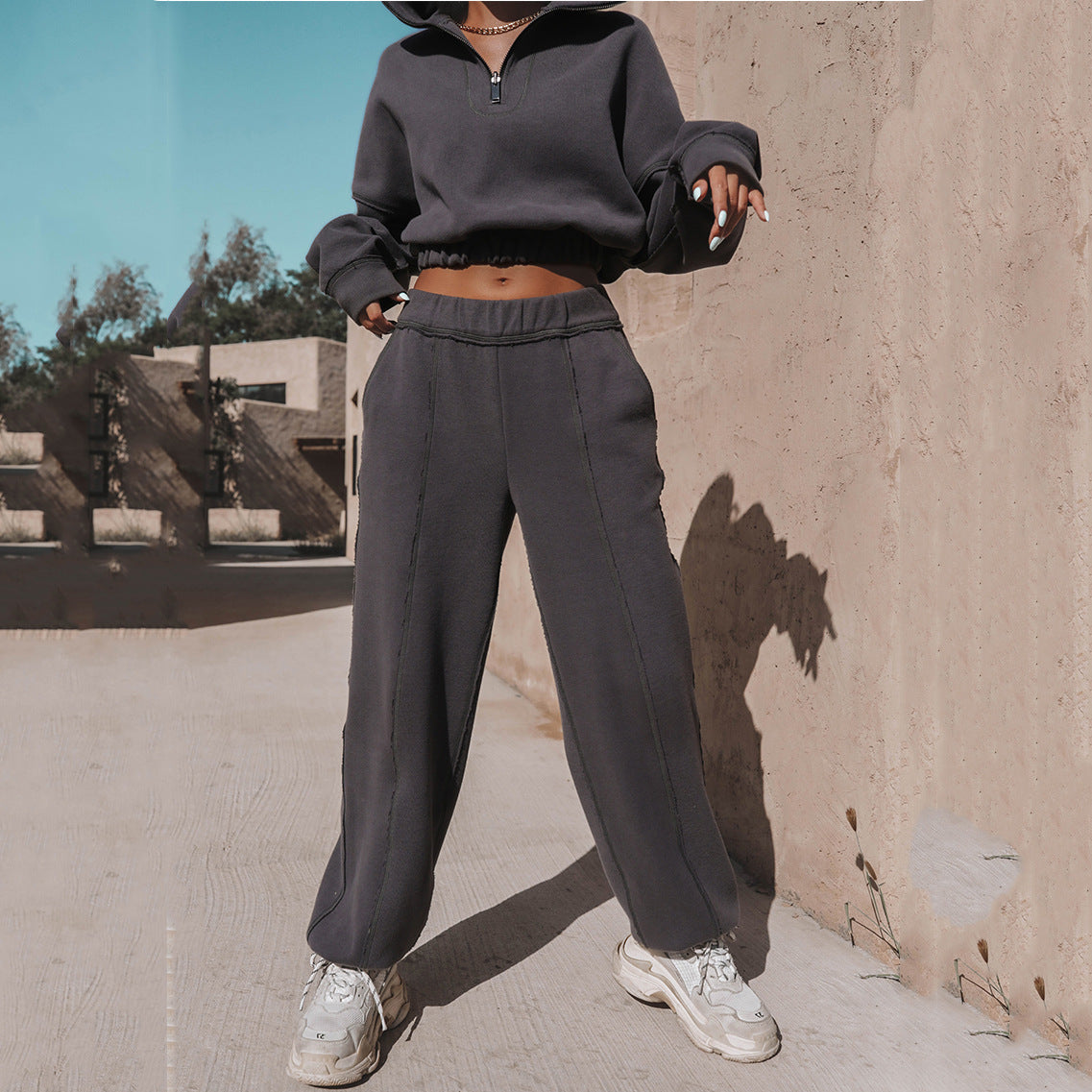 Women's Contrast Stitch Half Zip Crop Sweatshirt Jogger Set