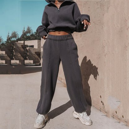 Women's Contrast Stitch Half Zip Crop Sweatshirt Jogger Set