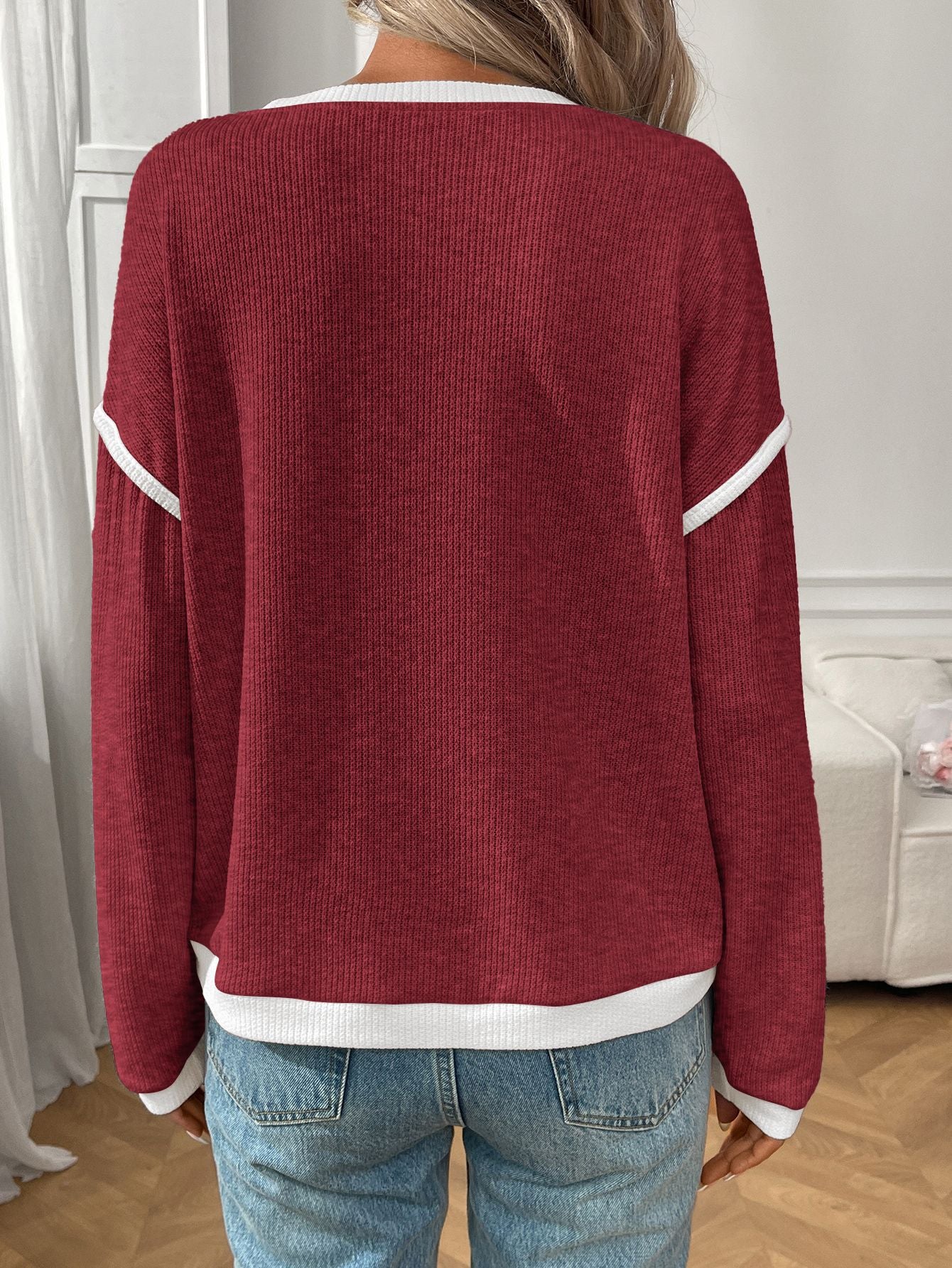Women's Contrast Trim Waffle Knit Long Sleeve Pullover