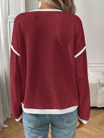 Women's Contrast Trim Waffle Knit Long Sleeve Pullover