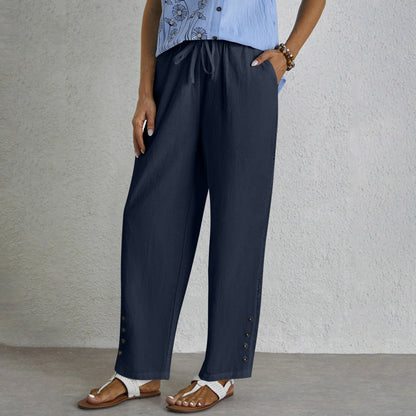 Women's Cotton Linen Pants Drawstring Eyelet Button Hem
