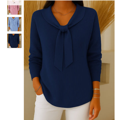 Women's Bow Collar Ribbed Knit Sweater Long Sleeve Pullover