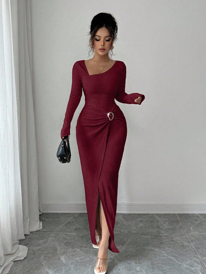 Wine Red Asymmetric Neck Knit Maxi Dress Women
