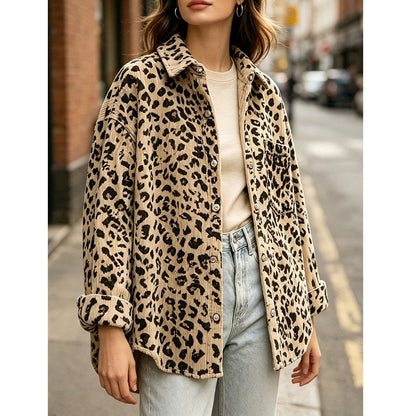 Leopard Print Corduroy Oversized Button Up Shirt