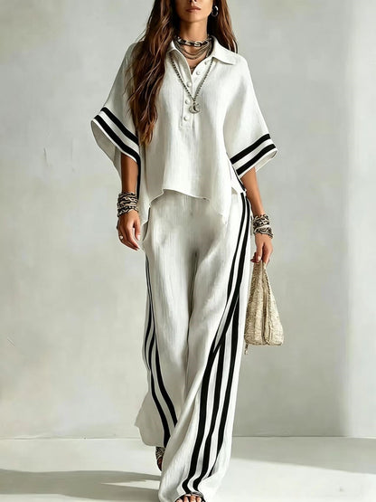 Women's Striped Oversized Shirt Wide Leg Pants 2 Piece Set
