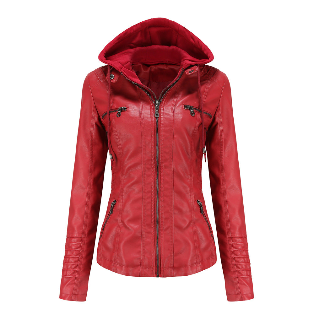 Women's Faux Leather Moto Jacket Removable Hood Plus Size