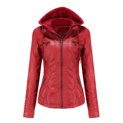 Women's Faux Leather Moto Jacket Removable Hood Plus Size