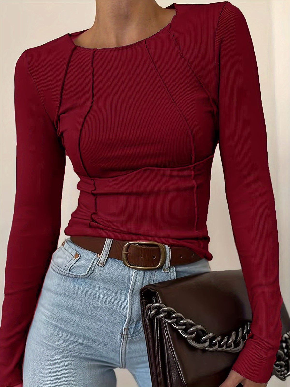 Women's Ribbed Long Sleeve Crop Top with Contour Seams