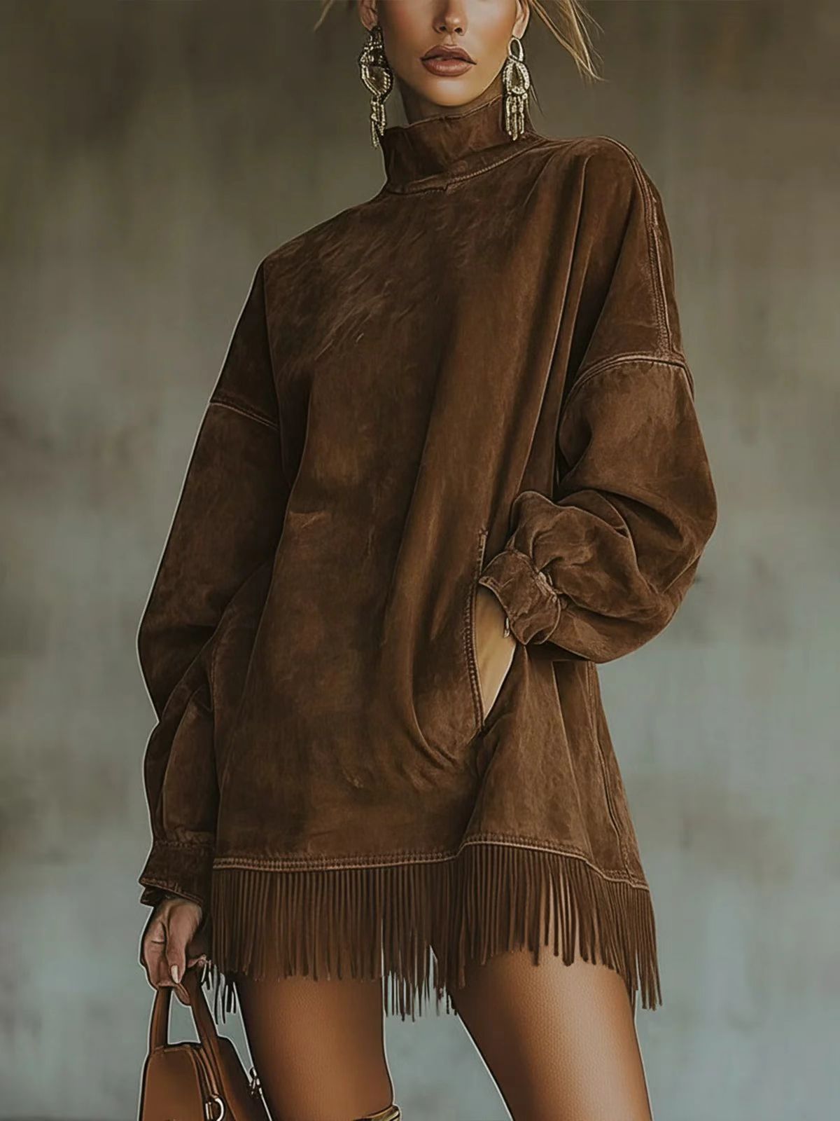 Oversized Mock Neck Suede Fringe Dress Pockets