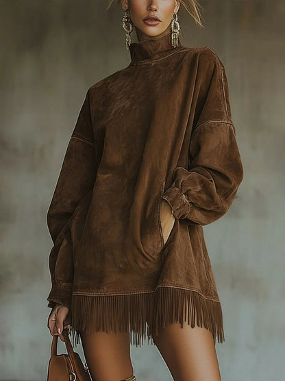 Faux Suede Fringe Turtleneck Dress with Pockets