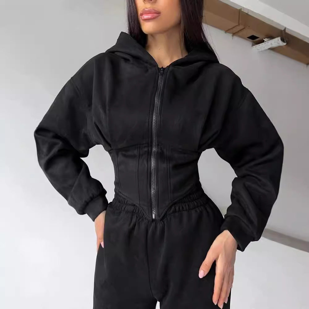 Women's Cinch Waist Zip-Up Hoodie Sweatpants Set