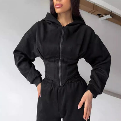 Women's Cinch Waist Zip-Up Hoodie Sweatpants Set
