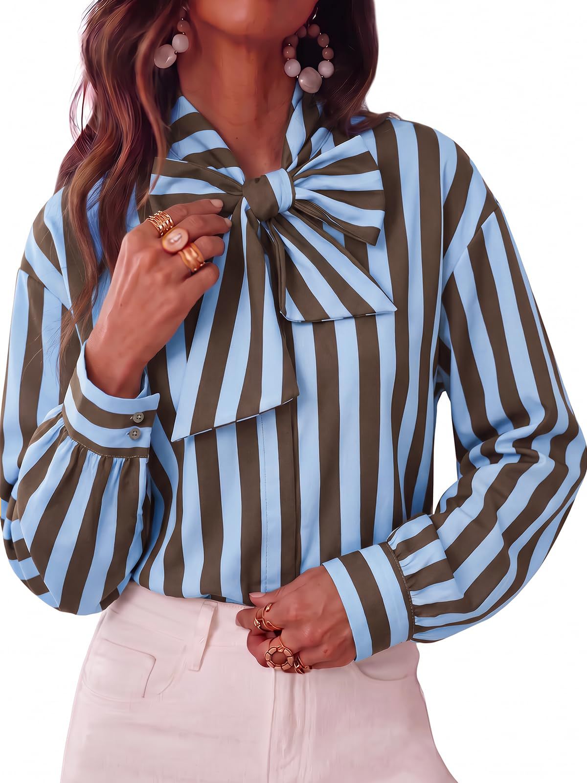Women's Striped Tie Neck Long Sleeve Blouse Casual