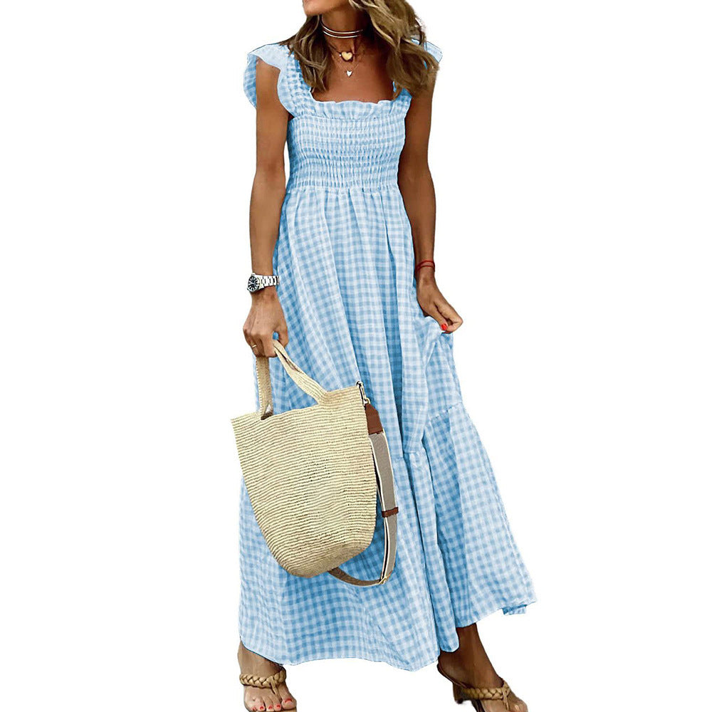 Gingham Smocked Maxi Dress Square Neck Ruffle Sleeve