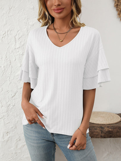 V-Neck Lotus Leaf Sleeve Women’s T-Shirt Top