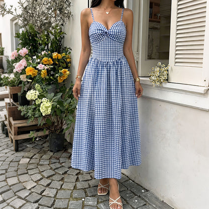 Blue Gingham Bow Front Midi Dress Cottagecore Sundress