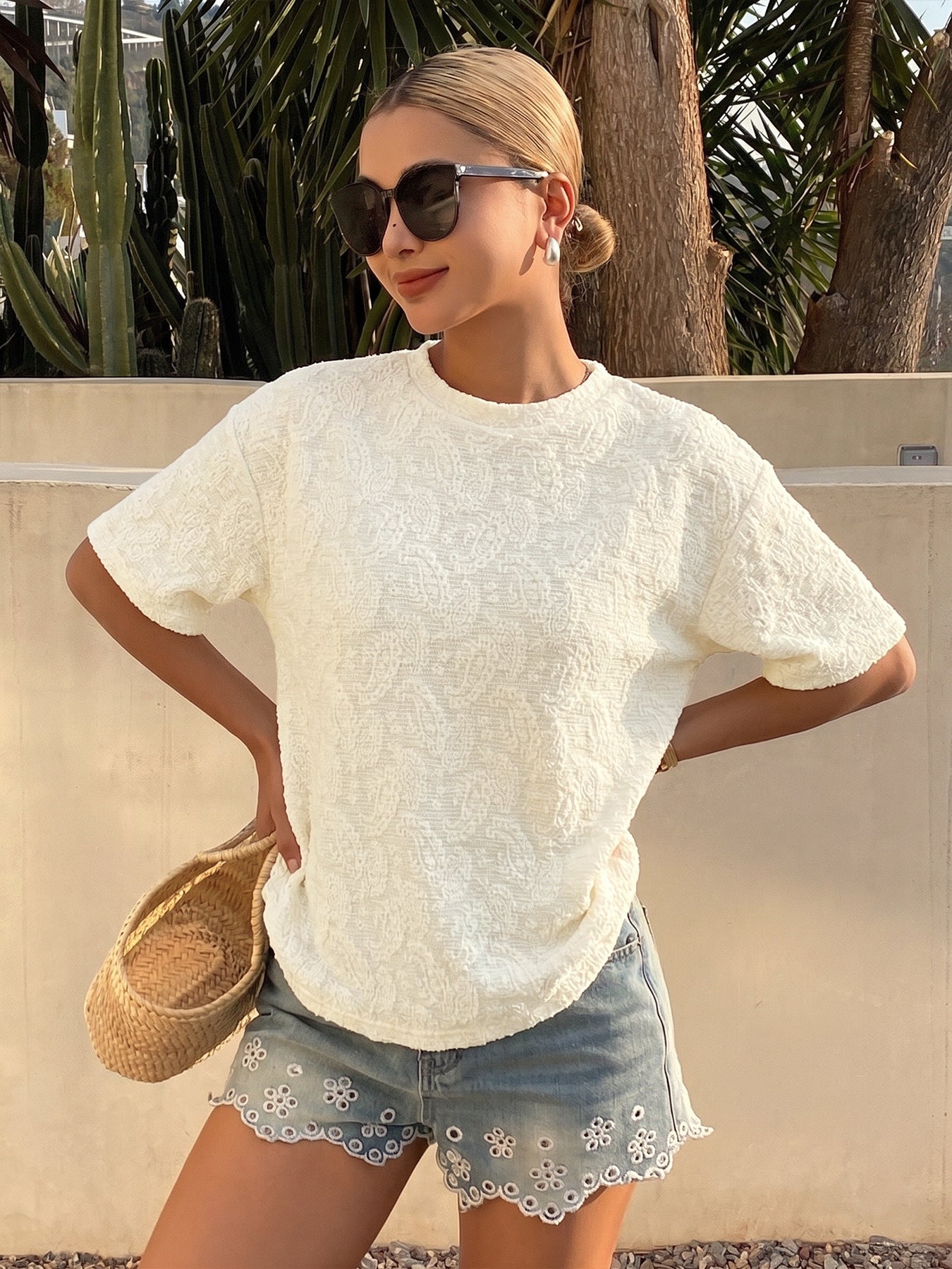 Textured Jacquard Knit T Shirt Loose Fit Casual Summer Top