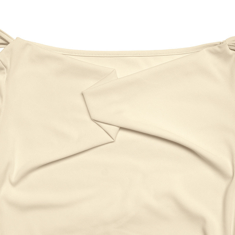 Lace Trim Cowl Neck Top Ruched Long Sleeve Fitted