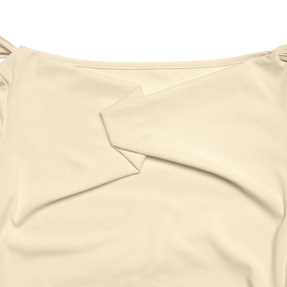 Lace Trim Cowl Neck Top Ruched Long Sleeve Fitted