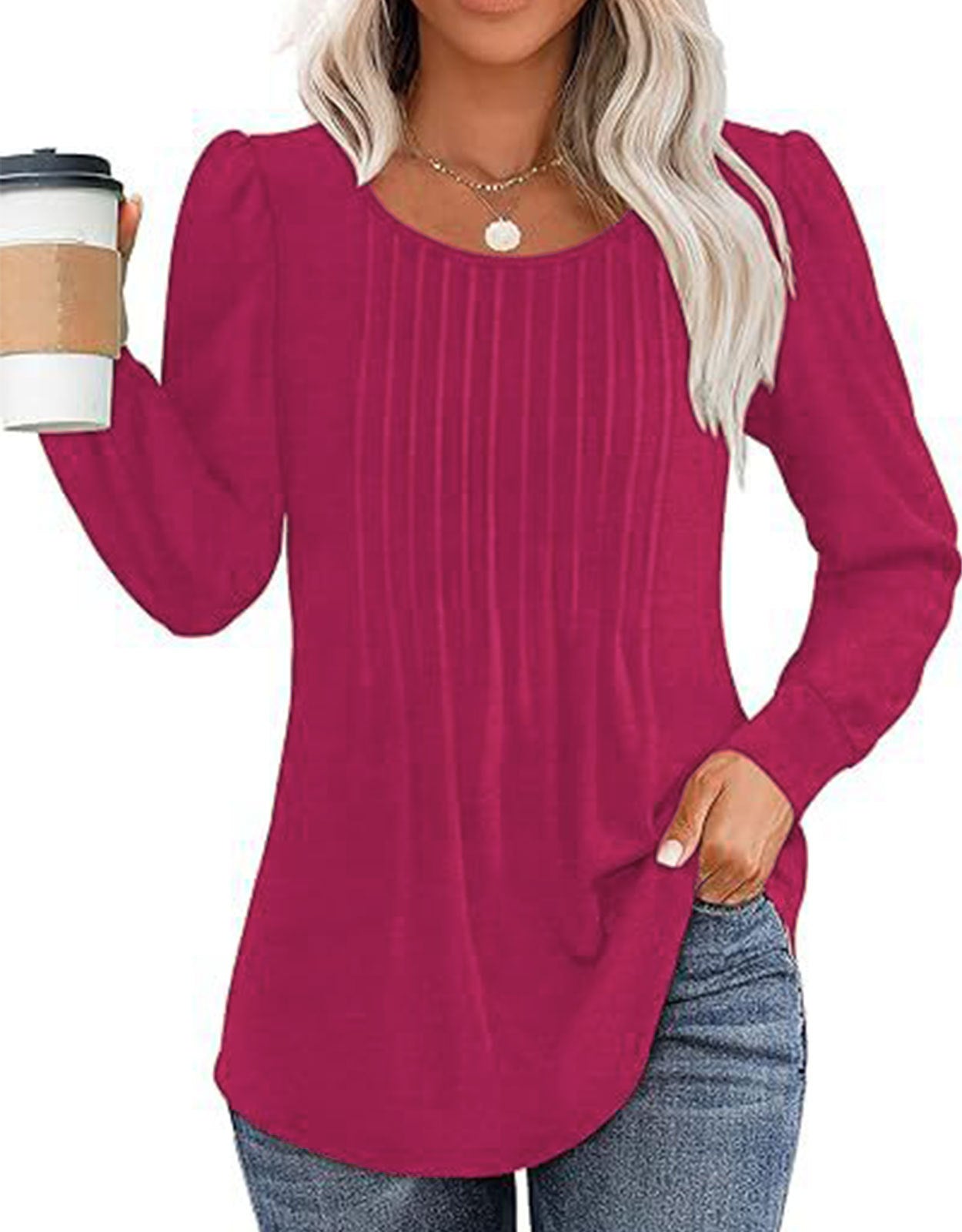 Solid Cotton Pintuck Blouse Long Sleeve Work Top