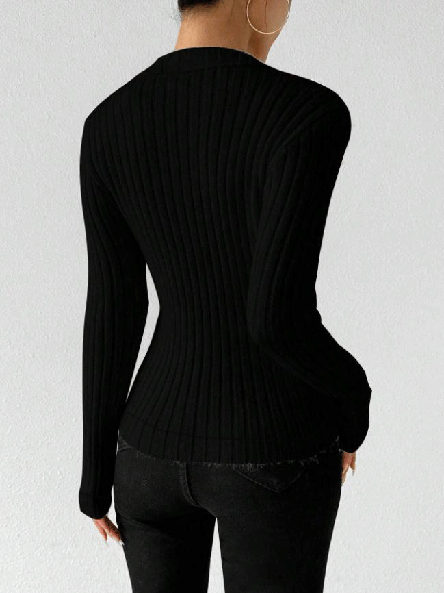 Women's Ribbed Knit Collared V Neck Long Sleeve Top