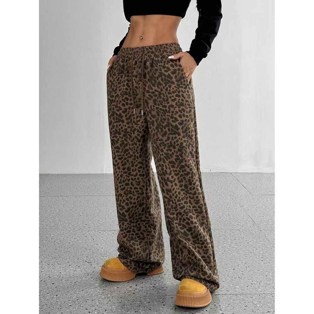 Women's Leopard Print Baggy Wide Leg Pants High Waist