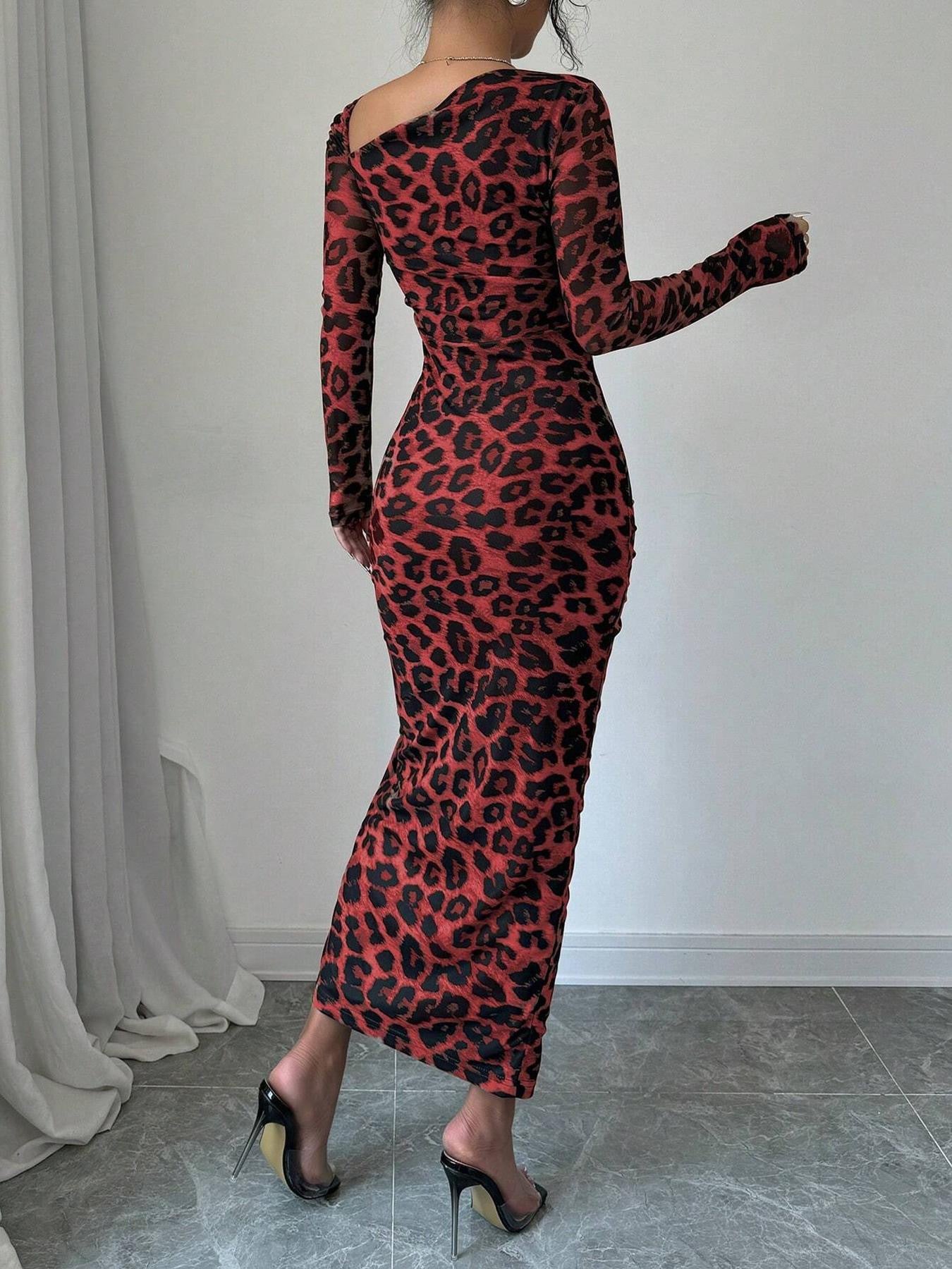 Leopard Mesh Asymmetrical Neck Ruched Bodycon Midi Dress
