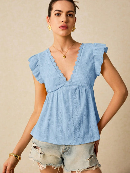 Eyelet Lace Flutter Sleeve V Neck Babydoll Blouse