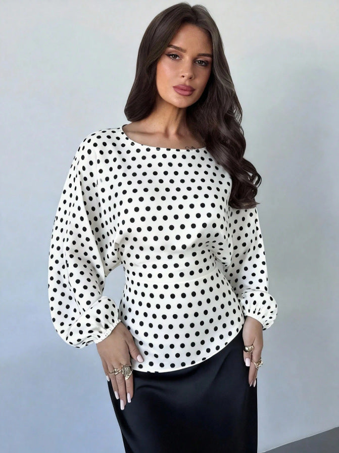 Satin Batwing Blouse Round Neck Tie Waist Top