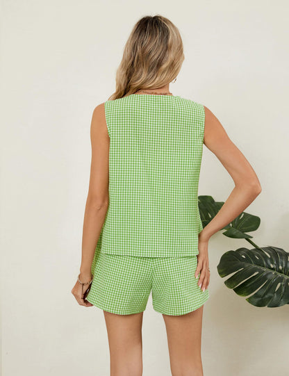 Gingham V Neck Button Vest Shorts Set Summer Outfit