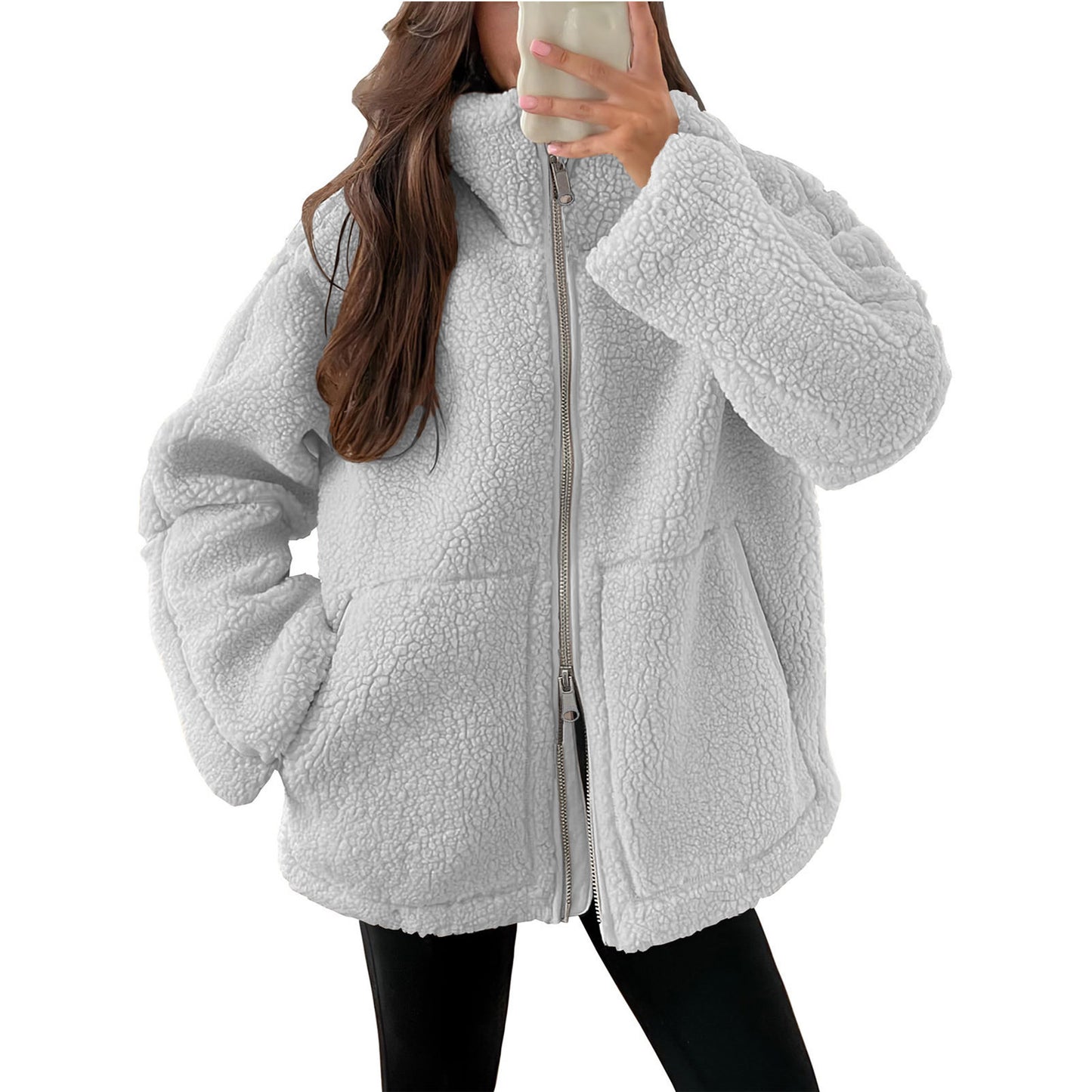 Women's Sherpa Fleece Zip Jacket Oversized Cozy Coat