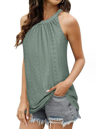 Loose Fit Round Neck Pleated Sleeveless Vest T-Shirt
