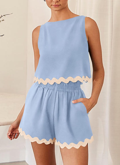 Linen Lace Two-Piece Set - Summer Crew Neck Vest & Shorts