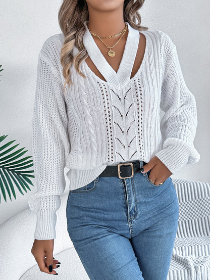 Hollow Out V Neck Cable Knit Lantern Sleeve Sweater