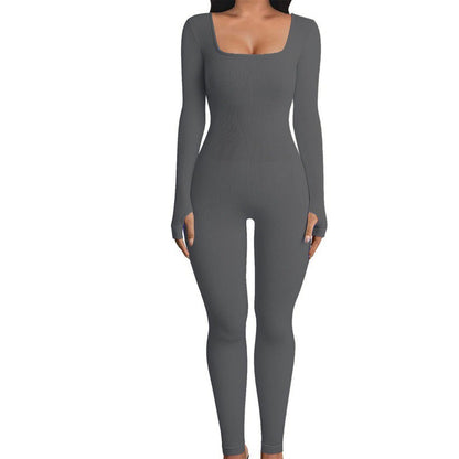 Womens Ribbed Square Neck Bodycon Long Sleeve Jumpsuit