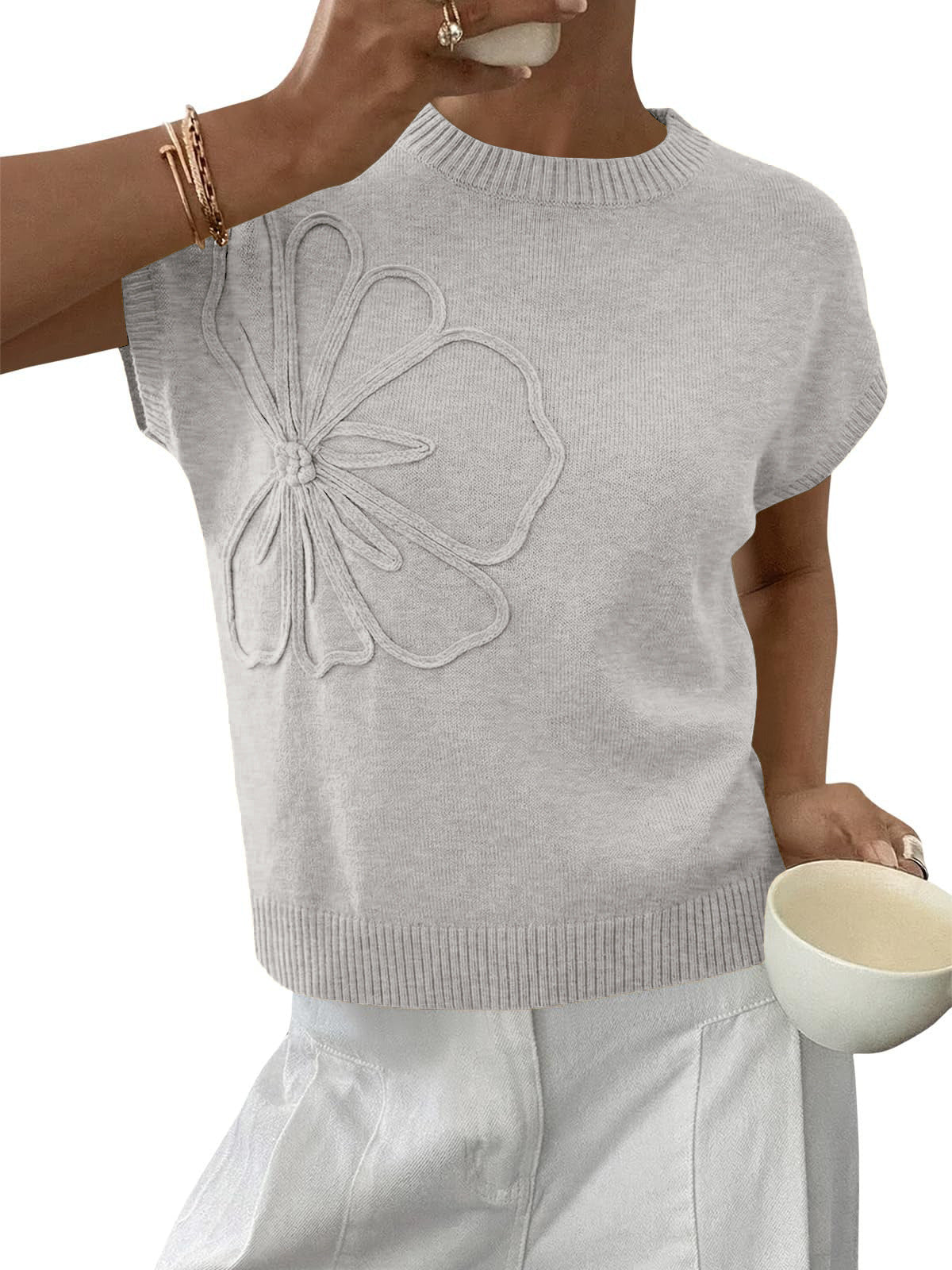 Floral Knit Sweater Short Sleeve Textured Summer Top