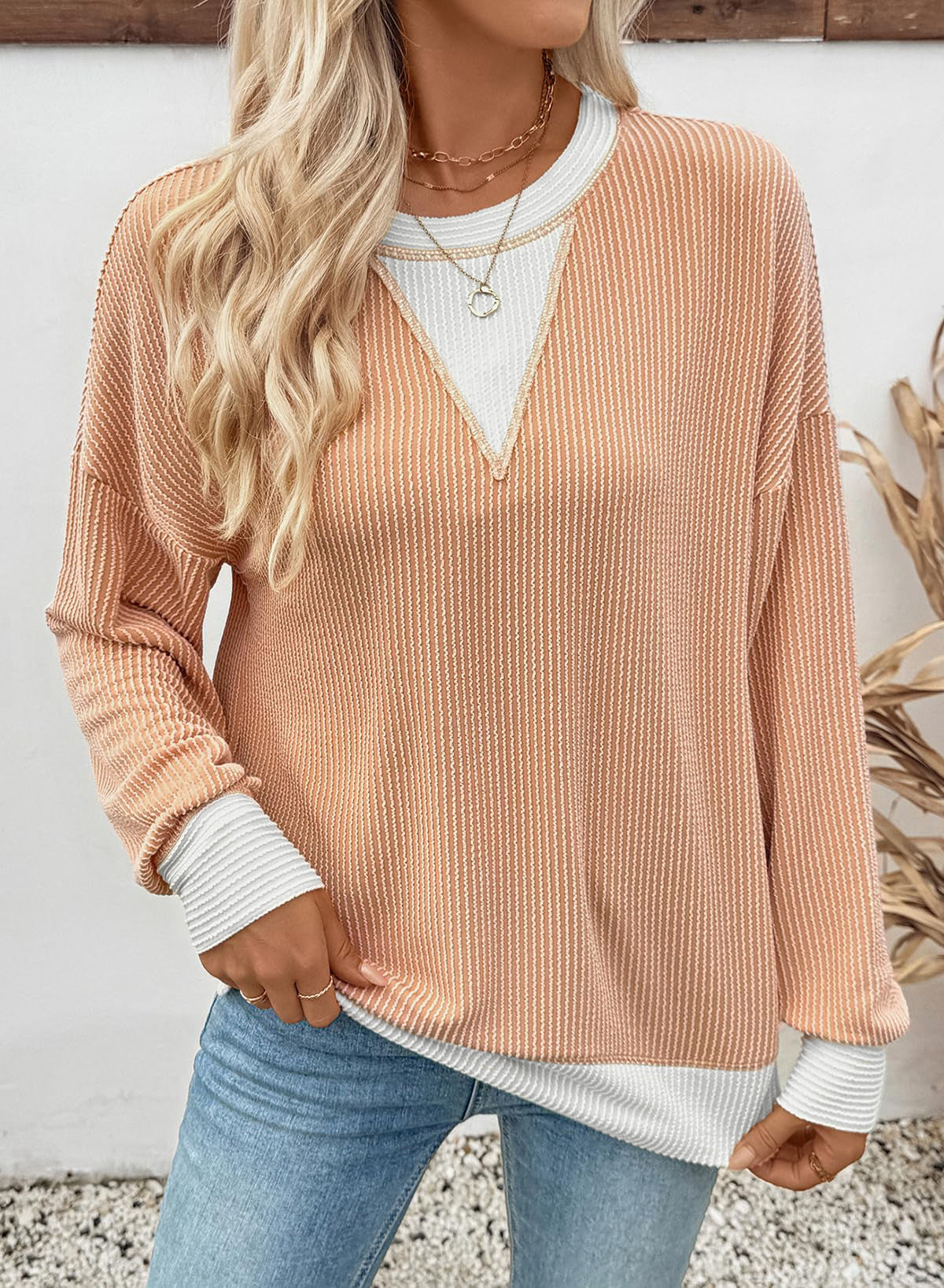 Colorblock Ribbed Sweatshirt Women Casual V Neck Pullover