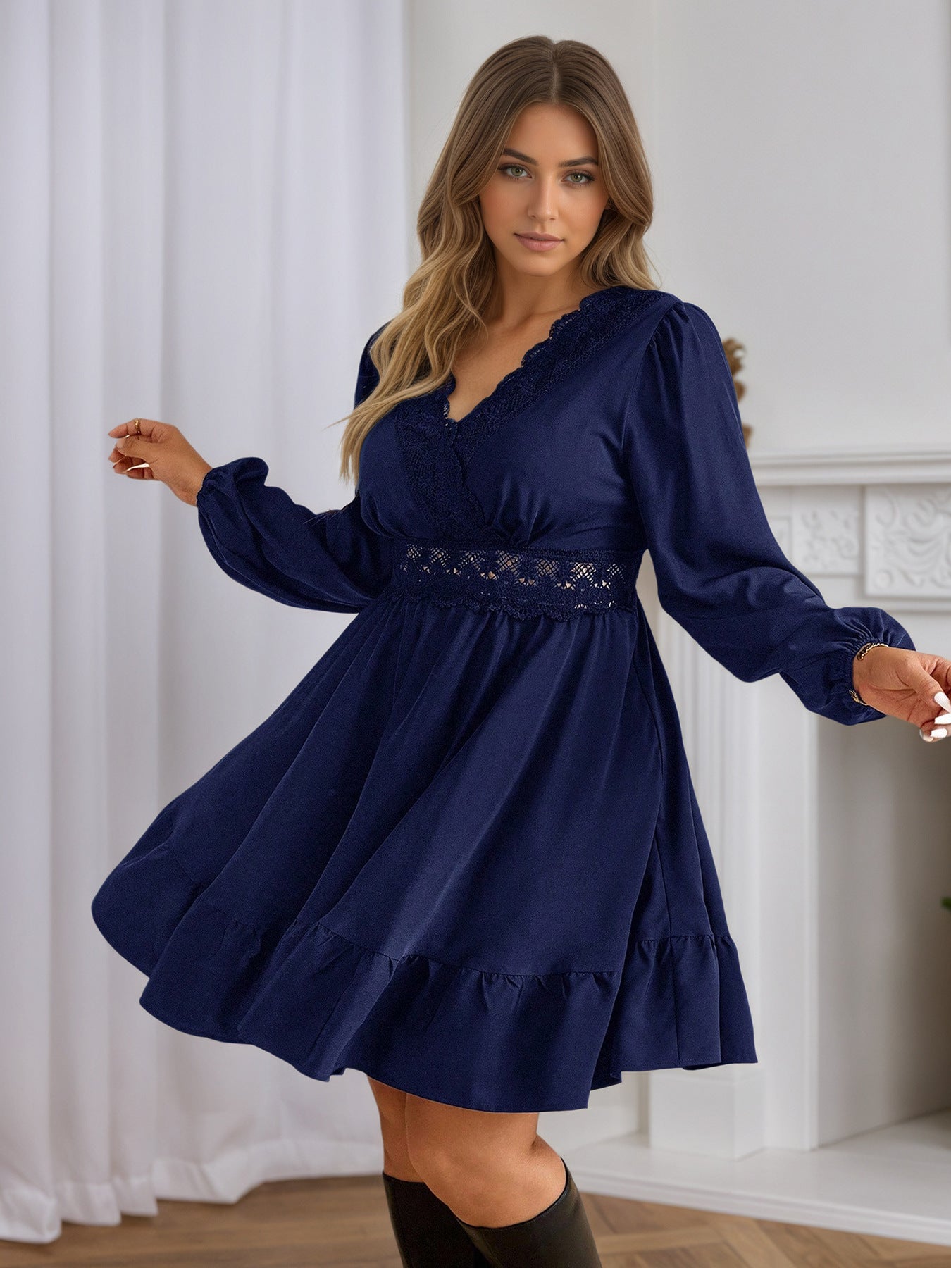 Plus Size Lace Trim V Neck A Line Mini Dress