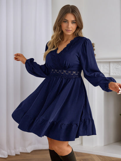 Plus Size Lace Trim V Neck A Line Mini Dress