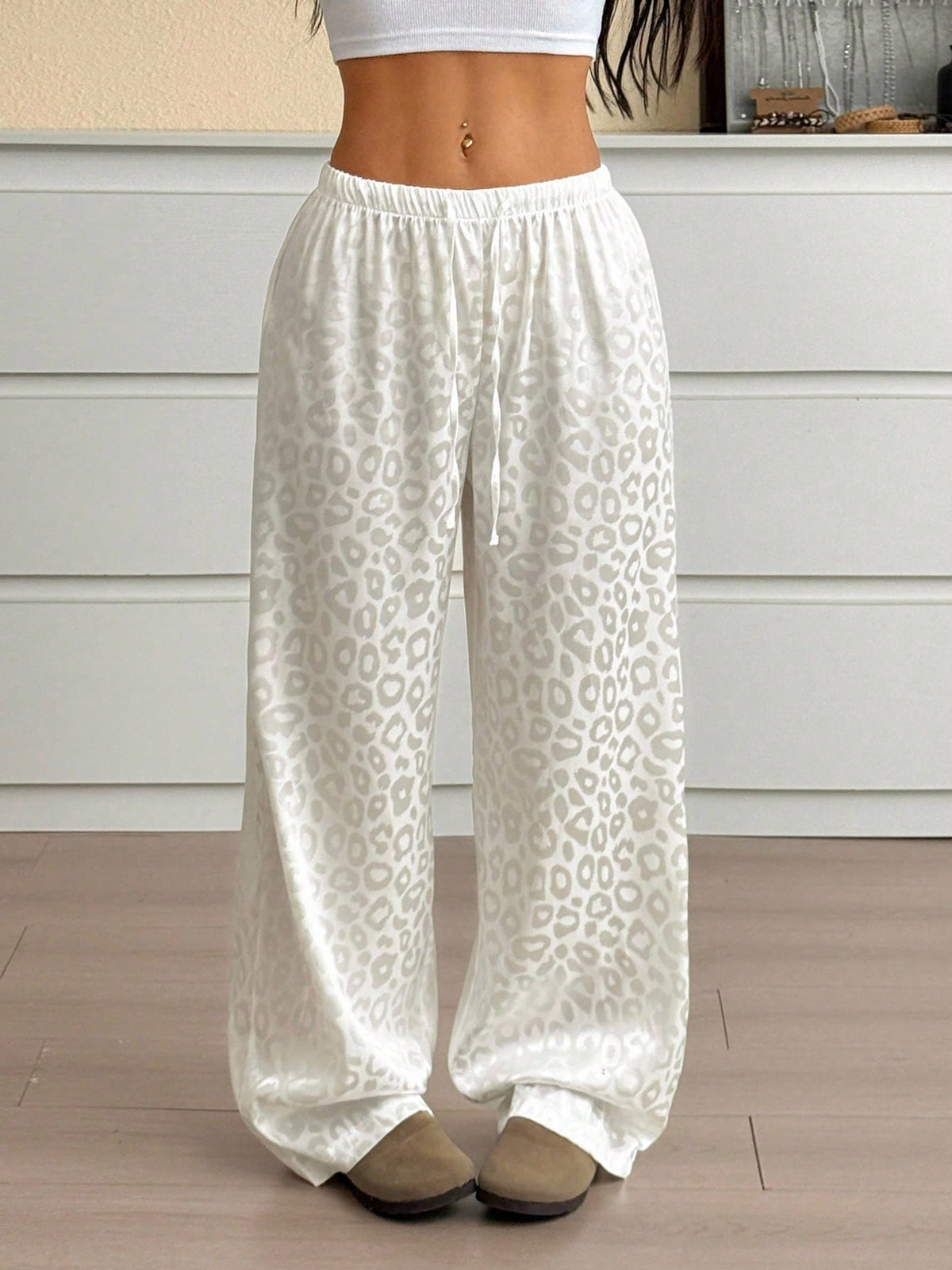 Women's Satin Leopard Drawstring Wide Leg Pants
