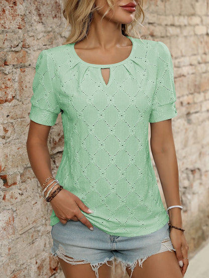 Light Blue Textured Knit Short Sleeve Button Neck Top