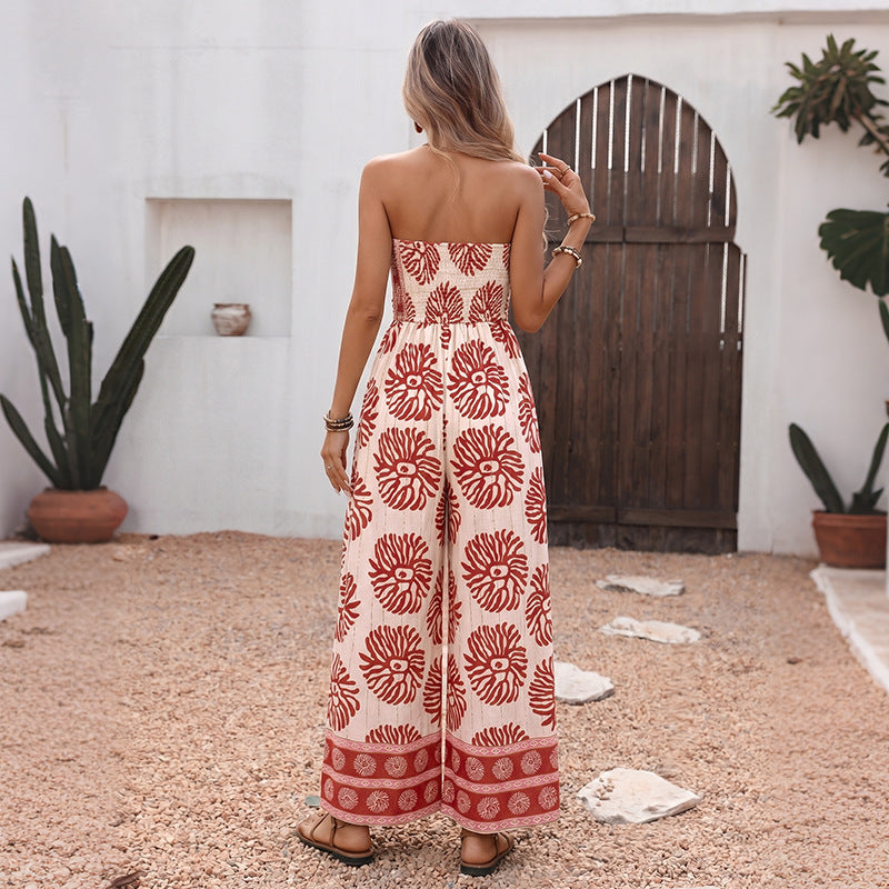 Boho Floral Strapless Wide Leg Jumpsuit Resort Outfit