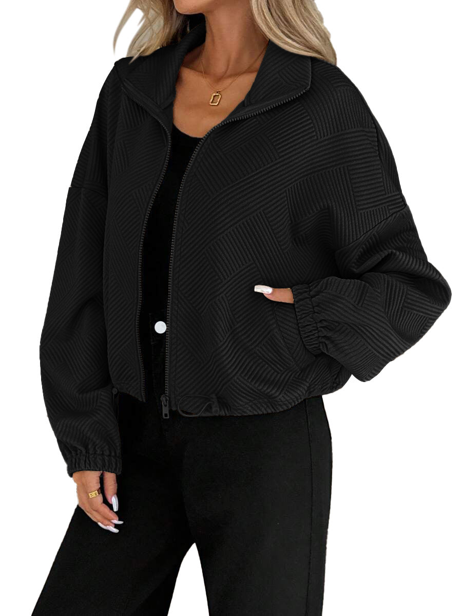 Textured Zip Up Bomber Jacket Drawstring Hem Casual Coat