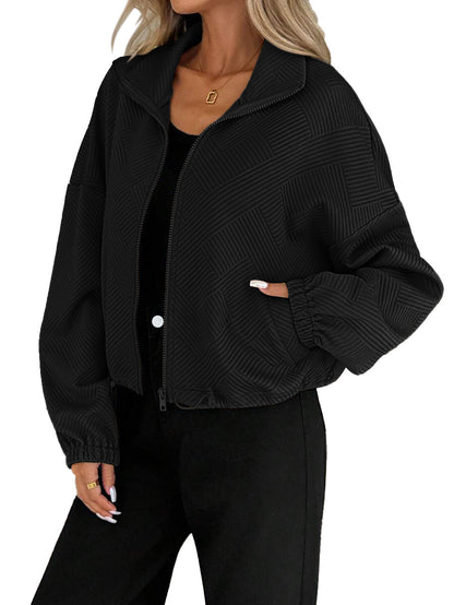 Textured Zip Up Bomber Jacket Drawstring Hem Casual Coat