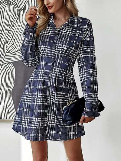 Plaid Button Front Mini Shirt Dress Long Sleeve