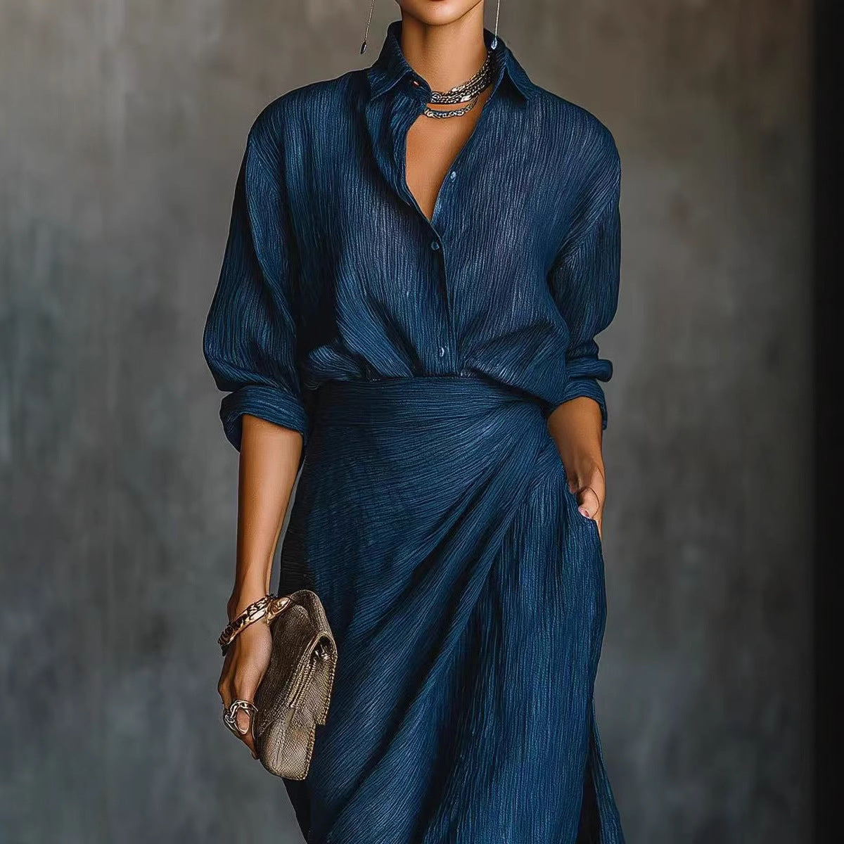 Women's Blazer & Pleated Asymmetric Midi Skirt Two Piece Set