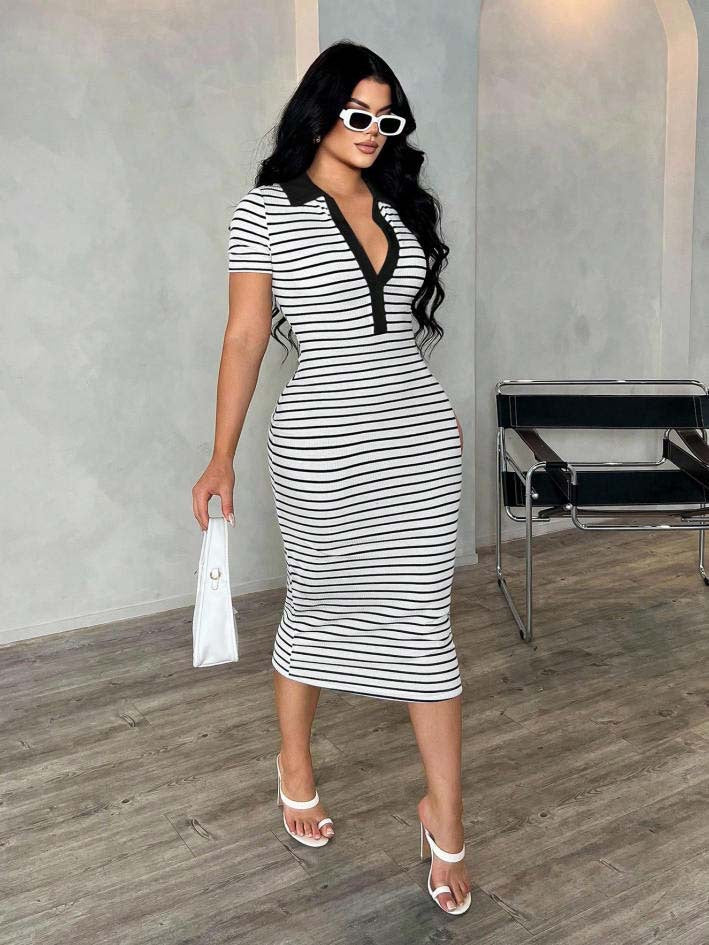 Polo Collar Stripe Bodycon Midi Dress Short Sleeve Casual