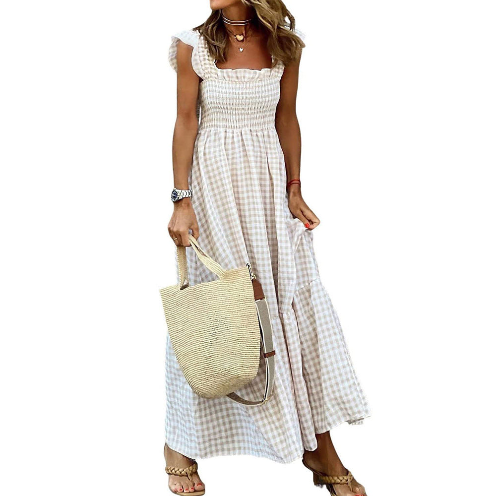 Gingham Smocked Maxi Dress Square Neck Ruffle Sleeve