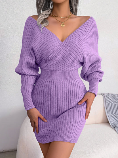 Cross V-Neck Batwing Sleeve Ribbed Bodycon Sweater Dress