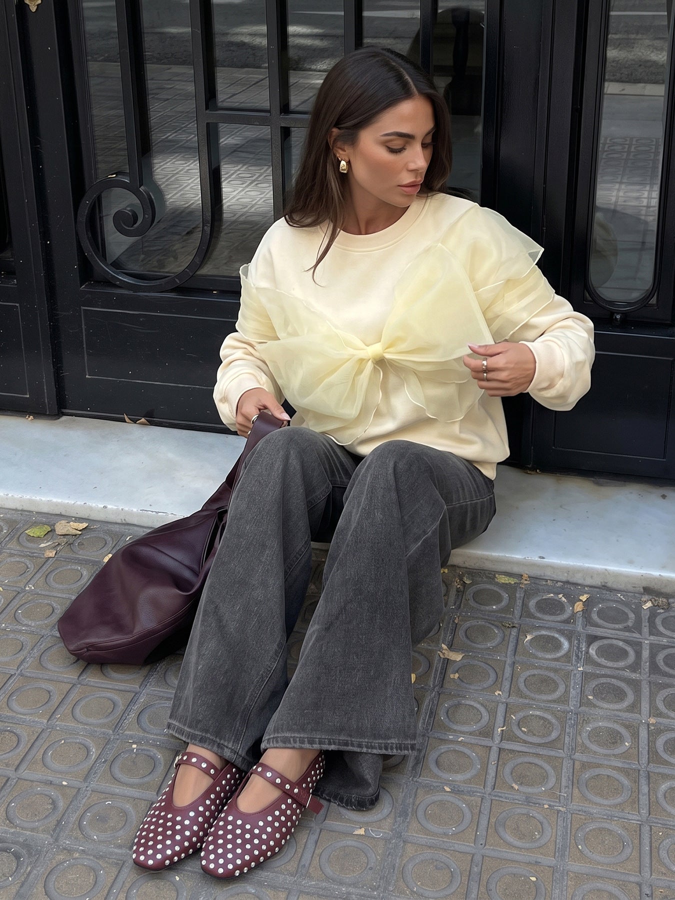 Women's Solid Bow Sweatshirt Organza Crew Neck Pullover